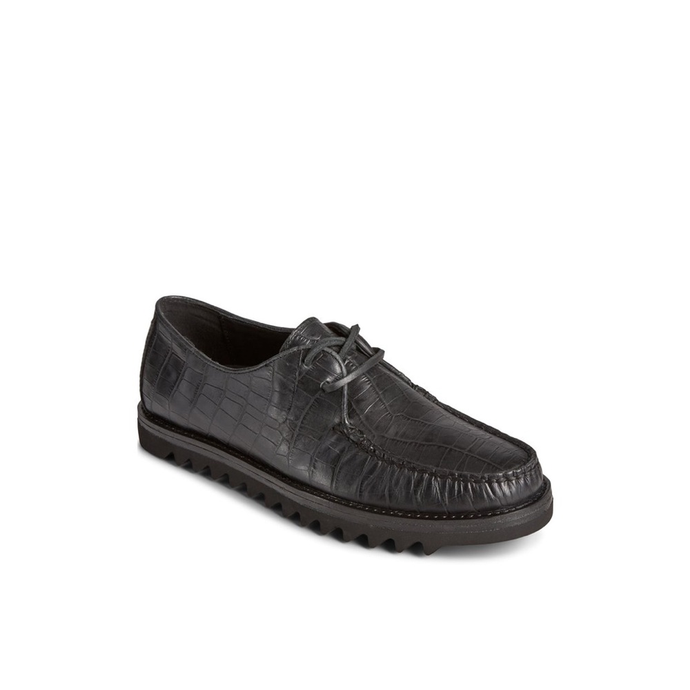 IN SEARCH OF  black Sperry captains Oxford in the crocodile print